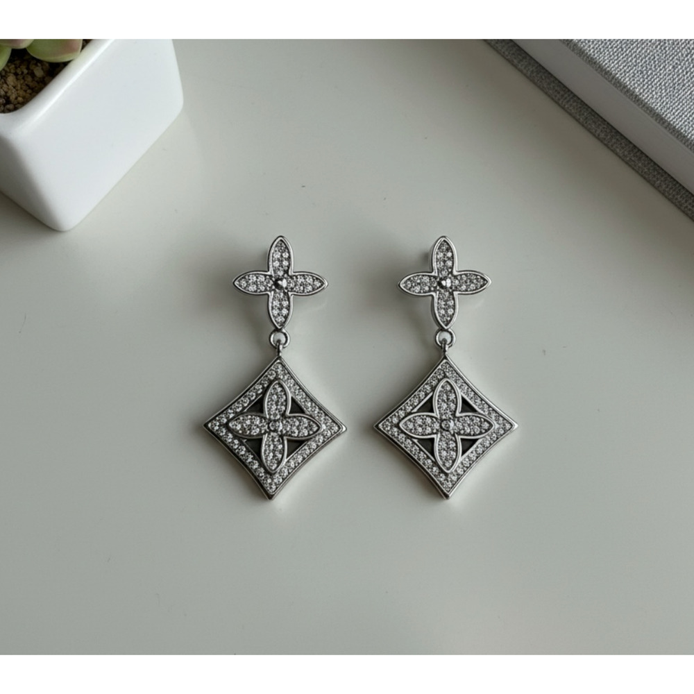 Louis Vuitton Silver LV Monogram Flower Crystal Dangle Drop Earrings (LVXX020) - Picture 2 of 7